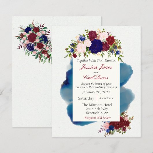 Burgundy Navy Floral Waterverf Wedding Budget (Voorkant / Achterkant)