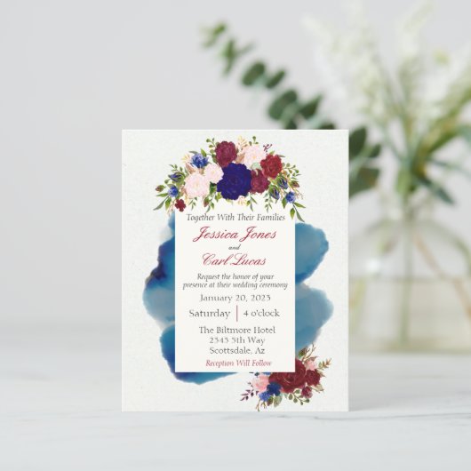 Burgundy Navy Floral Waterverf Wedding Budget (Staand voorkant)