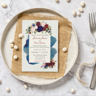 Burgundy Navy Floral Waterverf Wedding Kaart