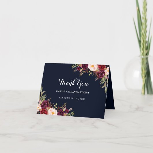 Burgundy Navy Floral Weddenschap Hartelijk dank Bedankkaart (Voorkant)