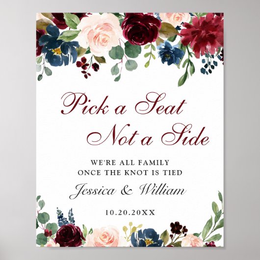 Burgundy Navy Floral Wedding Ceremony Seating Poster (Voorkant)