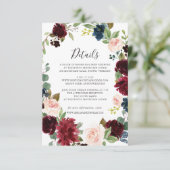 Burgundy Navy Floral Wedding Details Kaart (Staand voorkant)