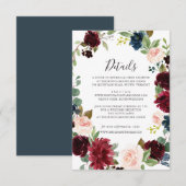 Burgundy Navy Floral Wedding Details Kaart (Voorkant / Achterkant)