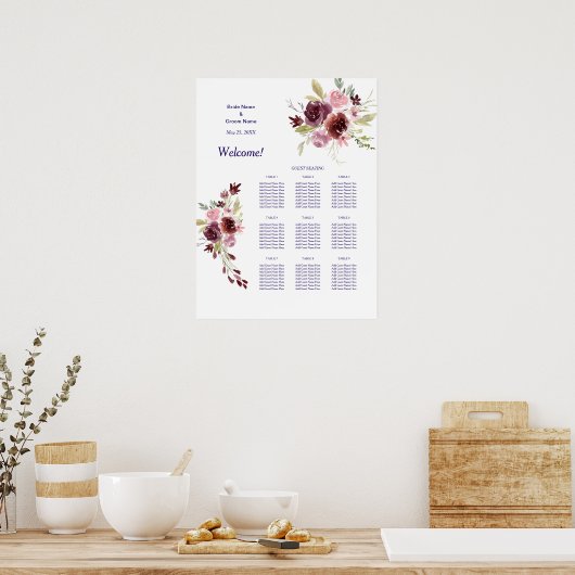 Burgundy Navy Floral Wedding Dinner Seating Chart Poster (Keuken)