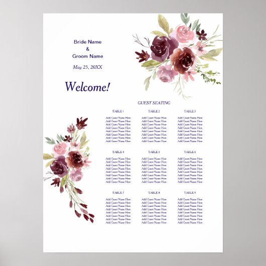 Burgundy Navy Floral Wedding Dinner Seating Chart Poster (Voorkant)