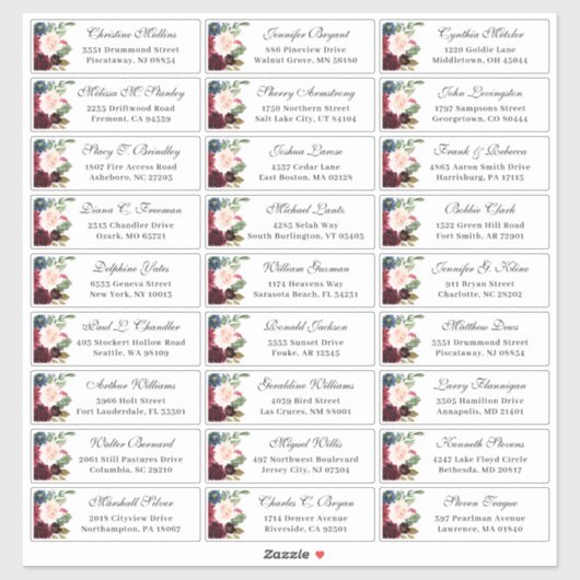 Burgundy Navy Floral Wedding Guest Adres Sticker (Vel)