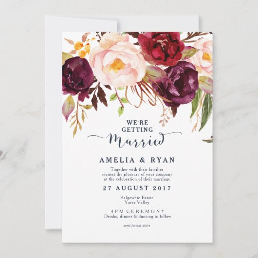 Burgundy Navy Floral Wedding Invitation Kaart (Voorkant)