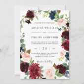Burgundy Navy Floral Wedding Invitation Kaart (Voorkant)