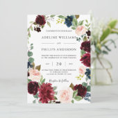 Burgundy Navy Floral Wedding Invitation Kaart (Staand voorkant)