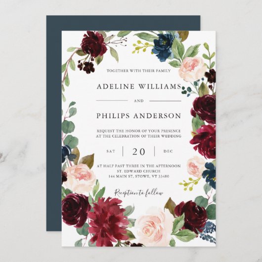 Burgundy Navy Floral Wedding Invitation Kaart (Voorkant / Achterkant)
