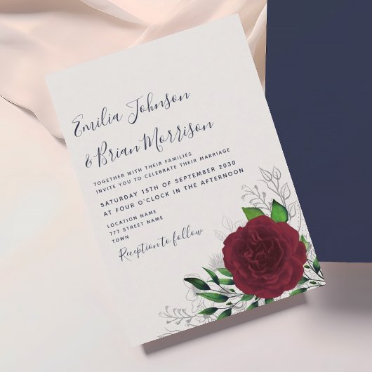 Burgundy Navy Floral Wedding Invitation Kaart