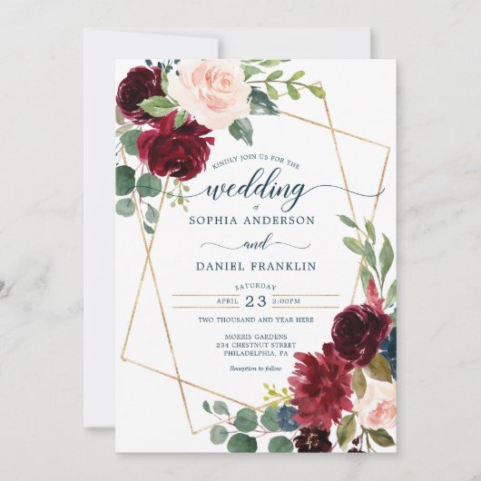 Burgundy Navy Floral Wedding Invitation Kaart (Voorkant)