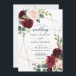 Burgundy Navy Floral Wedding Invitation Kaart<br><div class="desc">Deze prachtige Bourgondische Navy Floral Wedding Invitation beschikt over een modern gouden geometrisch lijst en een boeket van bordeaux, blush en marine waterverf rozen en pioenen. Pas dit ontwerp eenvoudig aan met uw evenementeninformatie. U kunt dit zelfs nog meer aanpassen door op de link 'Aanpassen verder' te klikken! Bekijk ons...</div>