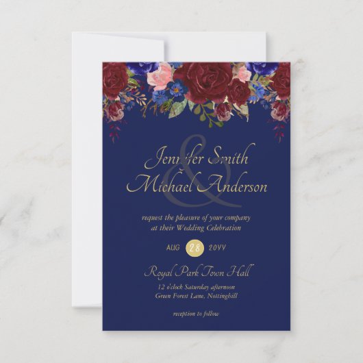 Burgundy Navy Floral Wedding Invitations (Voorkant)
