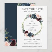 Burgundy Navy Floral Wedding Save the Date Kaart (Voorkant / Achterkant)