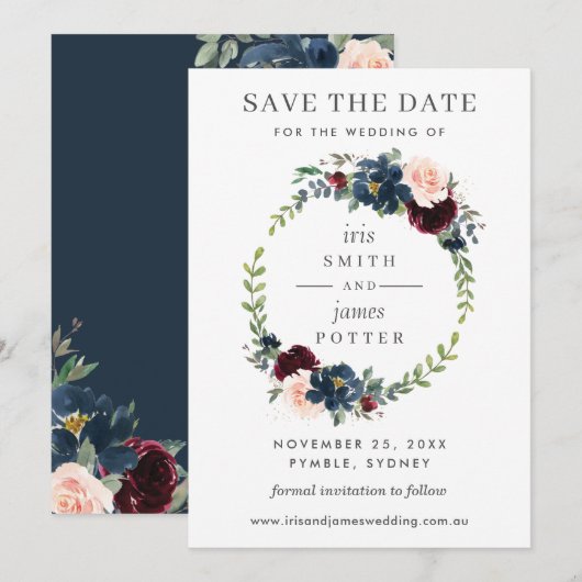 Burgundy Navy Floral Wedding Save the Date Kaart (Voorkant / Achterkant)