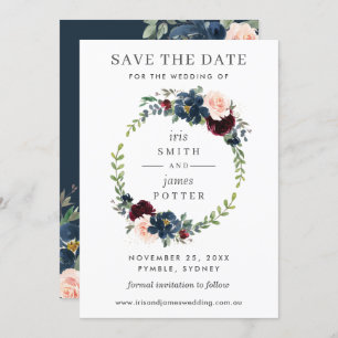 Burgundy Navy Floral Wedding Save the Date Kaart