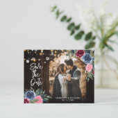 Burgundy Navy Floral Wedding Save the Date Photo Briefkaart (Staand voorkant)