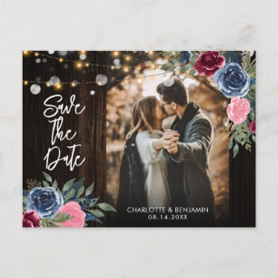 Burgundy Navy Floral Wedding Save the Date Photo Briefkaart