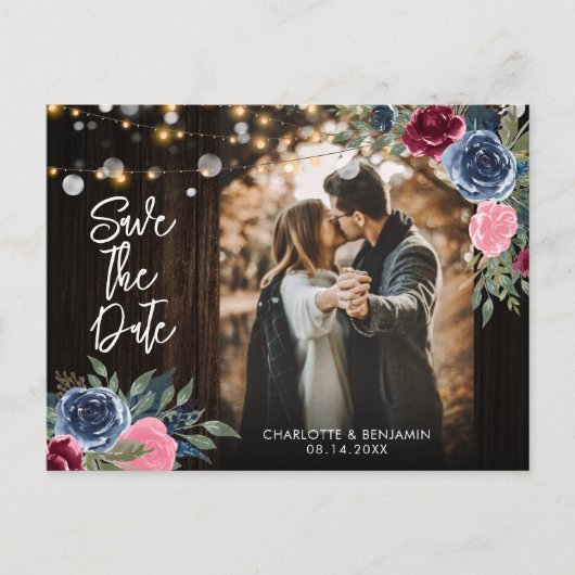 Burgundy Navy Floral Wedding Save the Date Photo Briefkaart (Voorkant)
