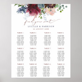 Burgundy & Navy Floral Wedding Seating Plan Poster