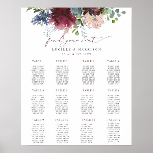 Burgundy & Navy Floral Wedding Seating Plan Poster (Voorkant)