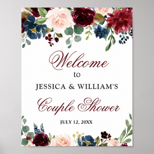 Burgundy Navy Floral Welcome Couple Shower Sign Poster (Voorkant)