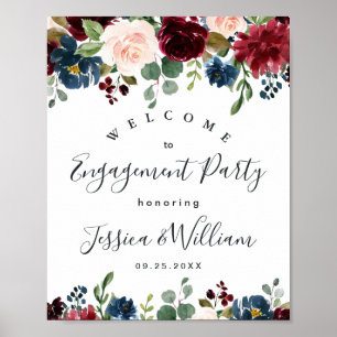 Burgundy Navy Floral Welcome Engagement Party Poster