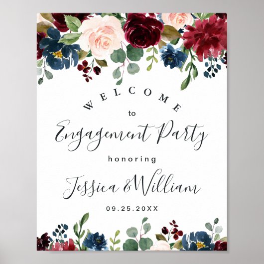 Burgundy Navy Floral Welcome Engagement Party Poster (Voorkant)