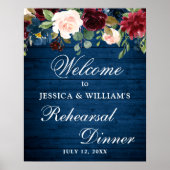 Burgundy Navy Floral Welcome Rehearsal Dinner Sign Poster (Voorkant)