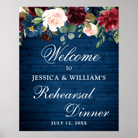 Burgundy Navy Floral Welcome Rehearsal Dinner Sign Poster (Voorkant)