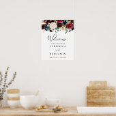 Burgundy Navy Floral Welcome Sign Poster (Keuken)