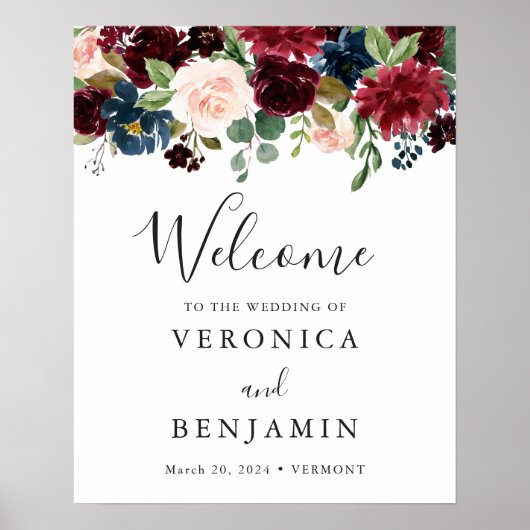 Burgundy Navy Floral Welcome Sign Poster (Voorkant)
