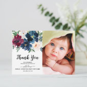 Burgundy Navy Flowers Baby shower Foto Bedankkaart (Staand voorkant)