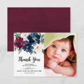 Burgundy Navy Flowers Baby shower Foto Bedankkaart (Voorkant / Achterkant)