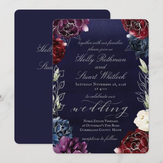Burgundy Navy Garden Wedding Kaart (Voorkant / Achterkant)