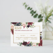 Burgundy Navy Gold Bouquet Wedding Response RSVP Briefkaart (Staand voorkant)