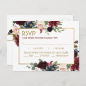Burgundy Navy Gold Bouquet Wedding Response RSVP Briefkaart (Voorkant / Achterkant)