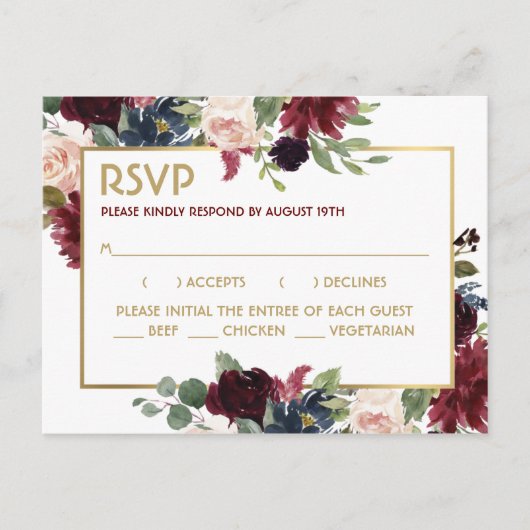 Burgundy Navy Gold Bouquet Wedding Response RSVP Briefkaart (Voorkant)
