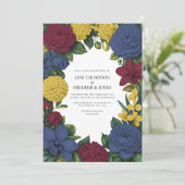 Burgundy, Navy & Gold Floral Wedding Kaart (Staand voorkant)
