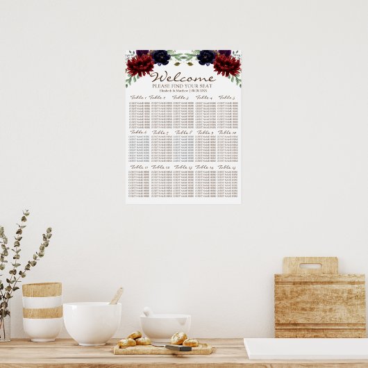 Burgundy Navy Gold Peony Wedding Seating Chart Poster (Keuken)