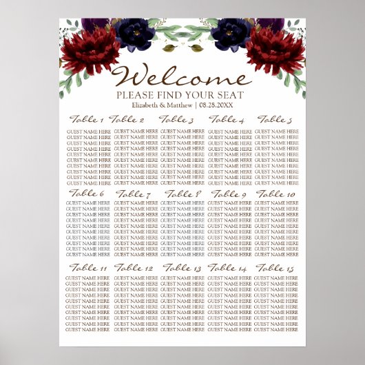 Burgundy Navy Gold Peony Wedding Seating Chart Poster (Voorkant)