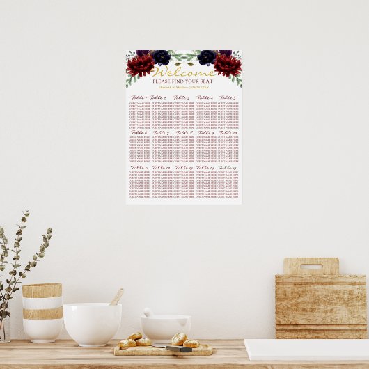 Burgundy Navy Gold Peony Wedding Seating Chart Poster (Keuken)