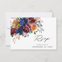 Burgundy & Navy Herfst Bloemstuk met Maaltijd RSVP