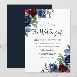 Burgundy & Navy Indigo Flowers Autumn Weddenschap Kaart