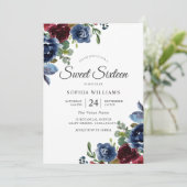 Burgundy & Navy Indigo Flowers Sweet 16 Kaart (Staand voorkant)