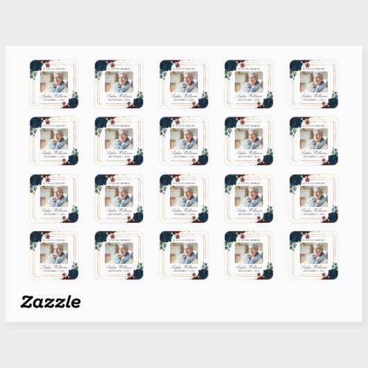 Burgundy & Navy  Memorial Funeral Square Sticker (Vel)