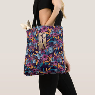 Burgundy Navy Mustard Waterverf Flowers Monogram Tote Bag