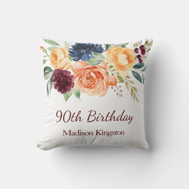 Burgundy Navy Peach Floral 90th Birthday Party Kussen (Voorkant)