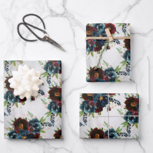 Burgundy Navy Peony en Rozen Bouquet Inpakpapier Vel